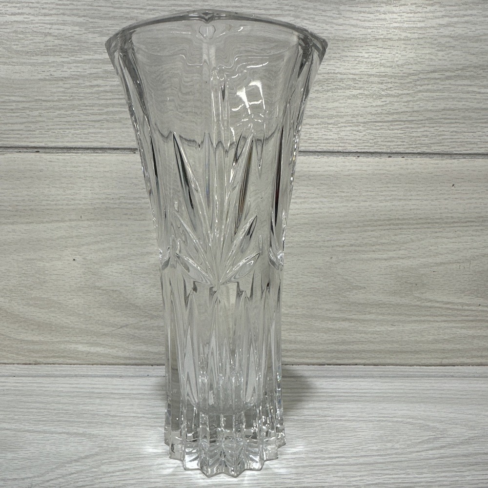 Clear Cut Glass Starburst Vase Decorative Stars Pattern Home Decor 10x4x4" Heavy
